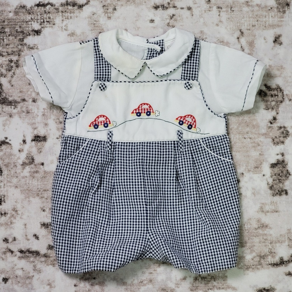 Vintage‎ Carter's Baby Romper 3M Gingham Shortall Cars Embroidered Retro Outfit